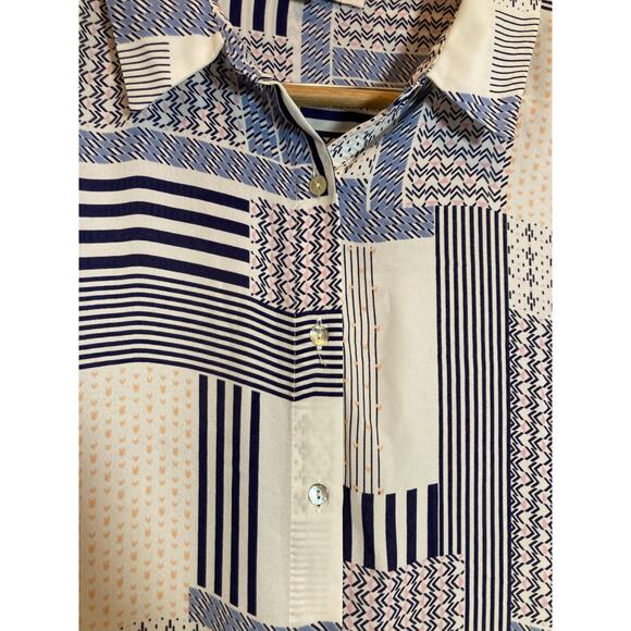 Rose + Olive Top Womens 2X Blue & Pink Patchwork Mixed Print Button Up Artsy - Picture 5 of 14